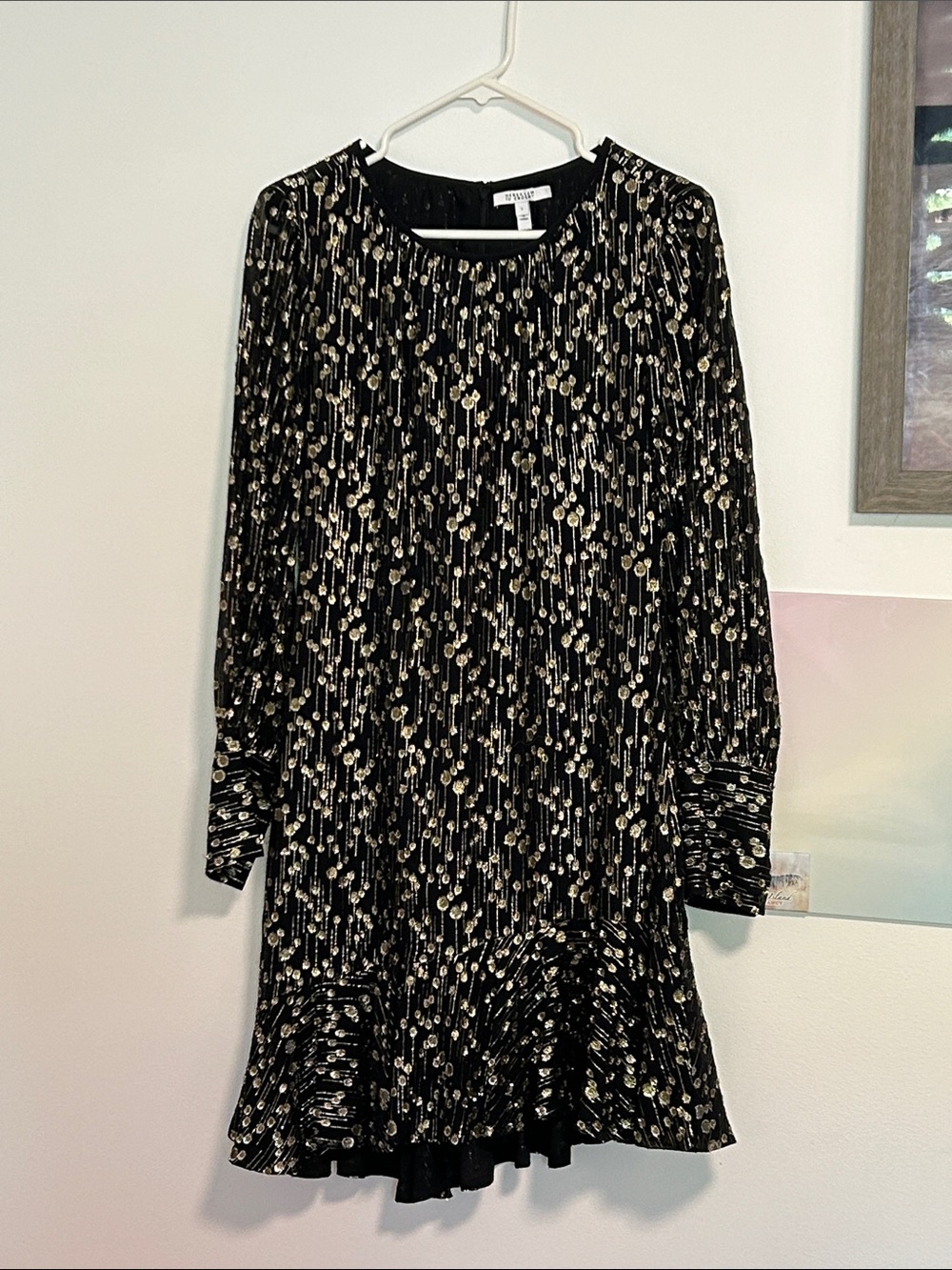Derek Lam Black and Gold Long-Sleeve Shift Dress size 6